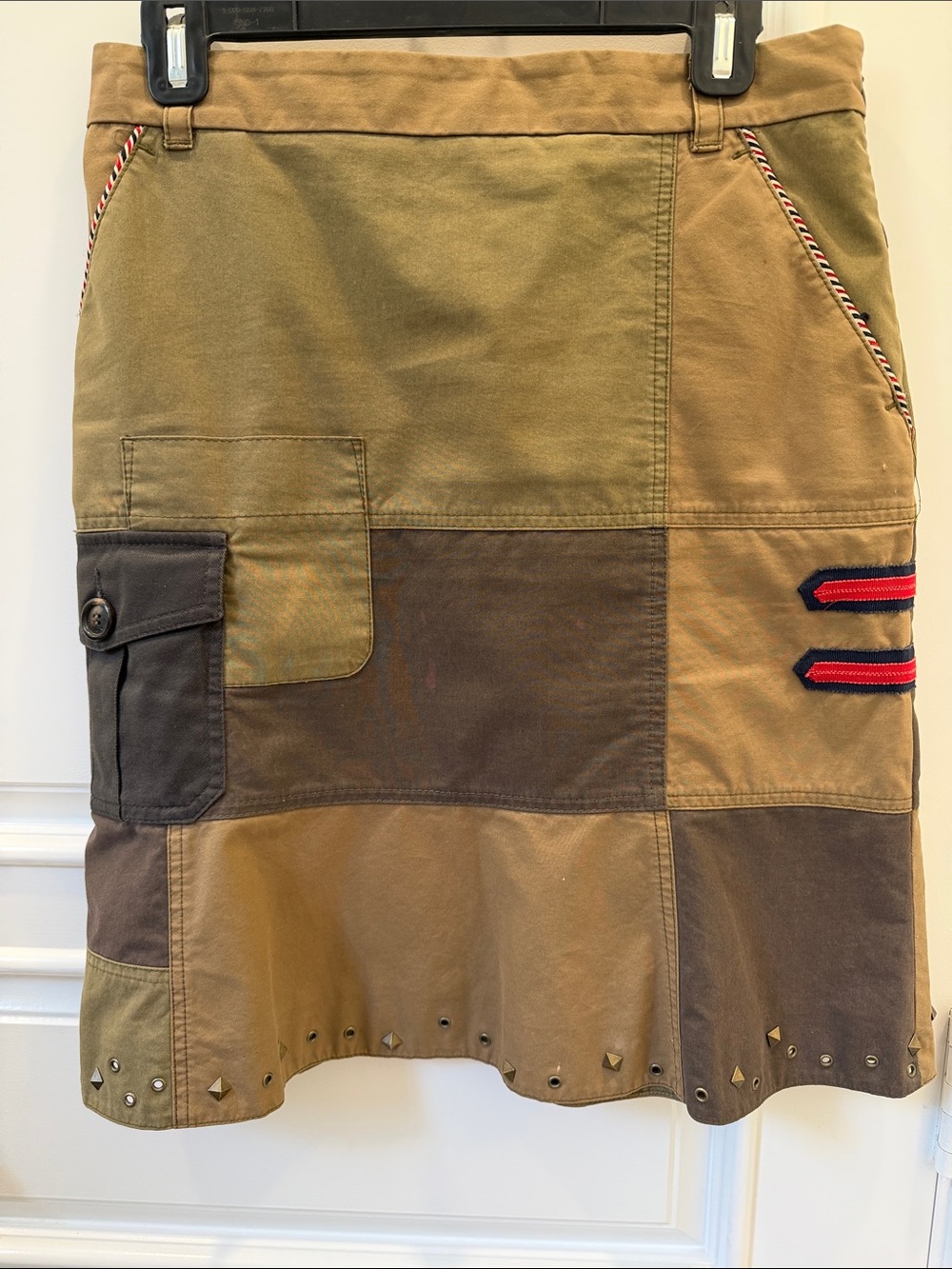 Moschino Khaki and Brown Patchwork A-Line Skirt with Red Trim